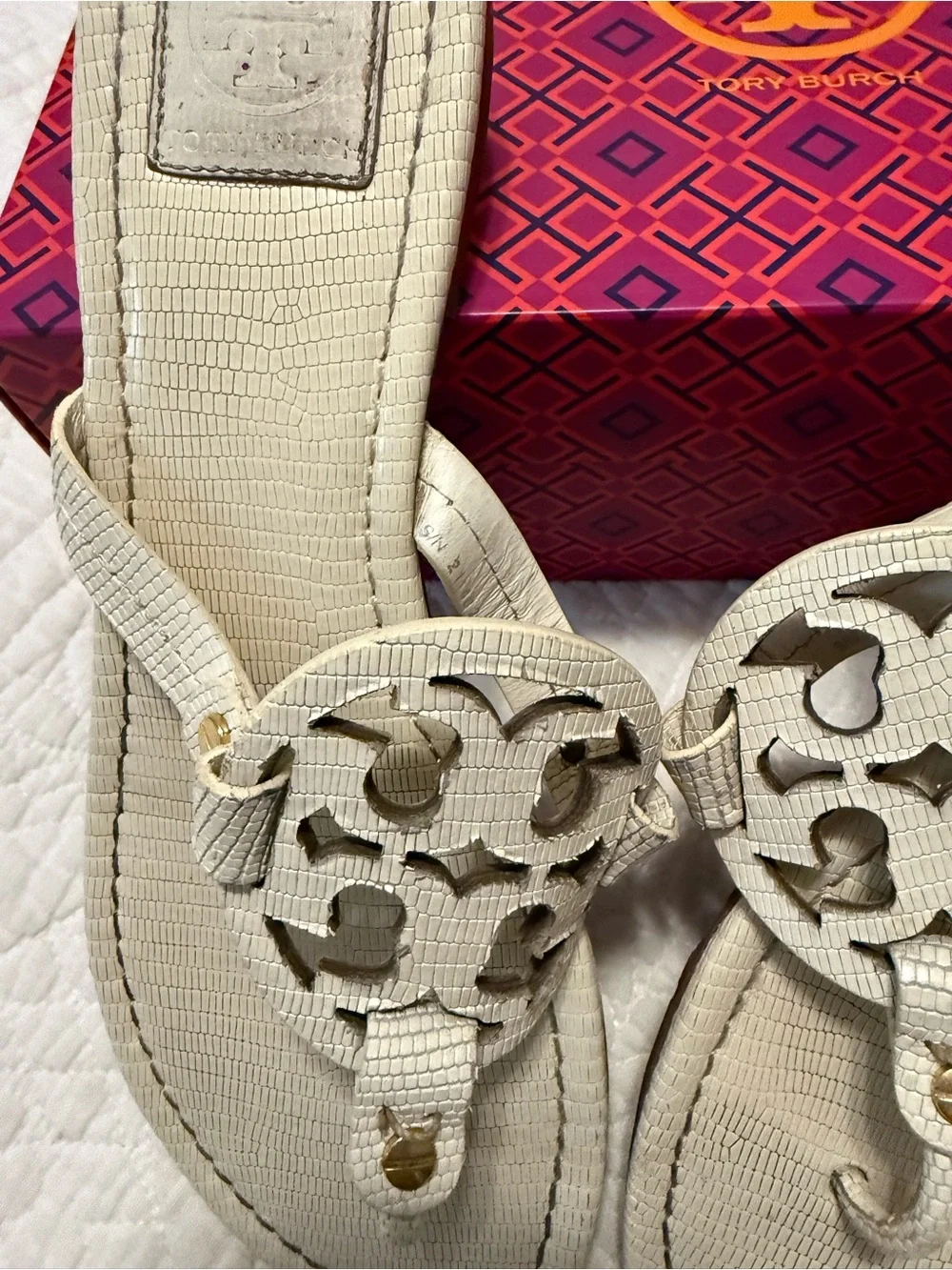 Tory Burch Ivory Textured Miller Logo Thong Sandals